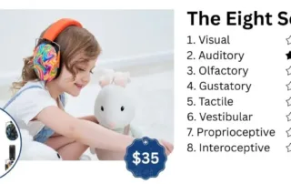 A child wearing colorful noise-cancelling headphones while calmly playing indoors, supported by OrbRom Center’s sensory tools in Phnom Penh